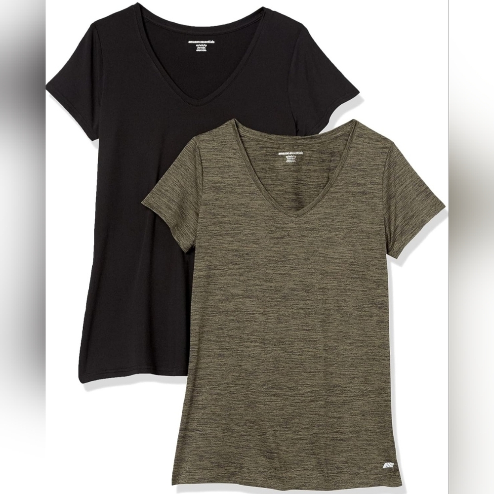 Set of 2 Activewear V-neck Stretch T-Shirts, Medium, Olive Green & Black